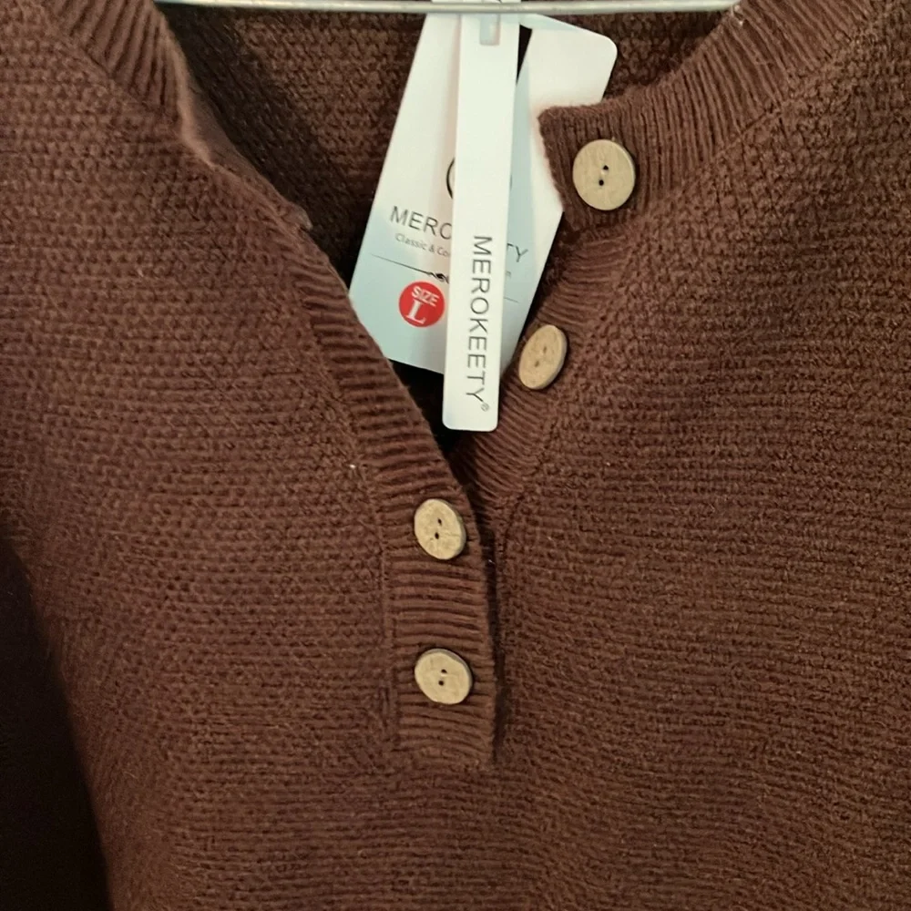 NWT Merokeety Size L Brown Thick Ribbed Sweater Top - Picture 2 of 4